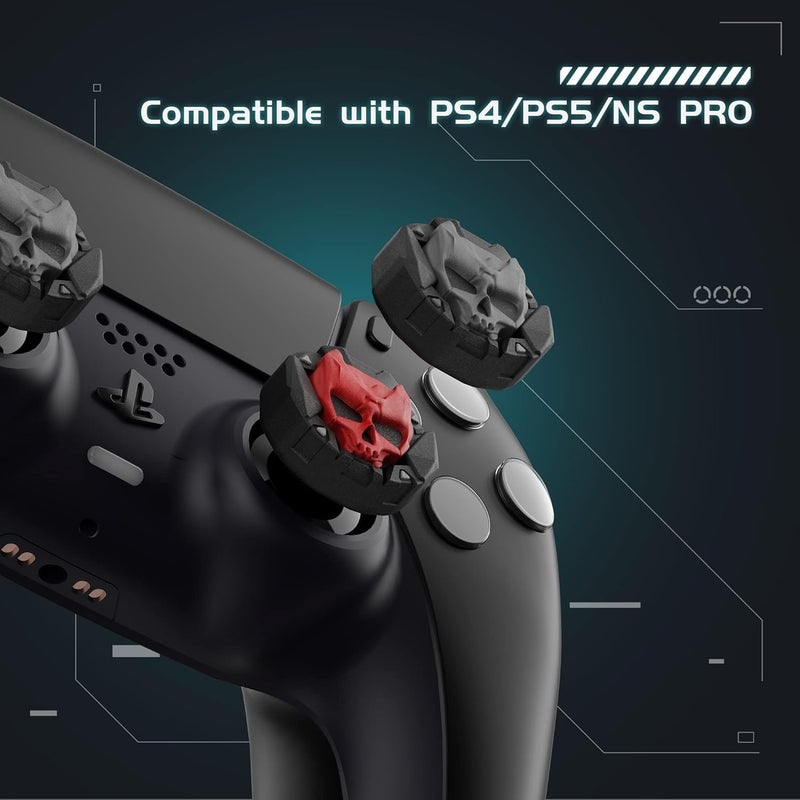 GEEKSHARE Skull Thumb Grip Caps for PS5 Controller, Thumbsticks Cover Set Compatible with Switch Pro Controller and PS4/PS5, 2 Pairs / 4 Pcs (Black & Red) - Image 3